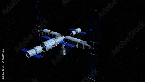 Fototapeta Naklejka Na Ścianę i Meble -  Shenzhou manned space vessel in the direction of coupling to the TIANGONG 3 - Chinese space station on black space with stars background. 3D Illustration