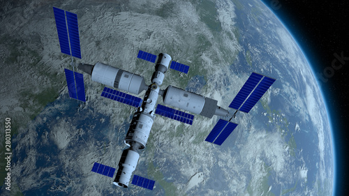 Fototapeta Naklejka Na Ścianę i Meble -  TIANGONG 3 - Chinese space station orbiting the planet Earth on black space with stars background. 3D Illustration