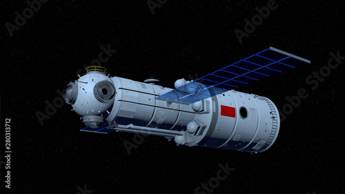 Fototapeta Naklejka Na Ścianę i Meble -  TIANHE core module of the TIANGONG 3 - Chinese space station flying on black space with stars background. 3D Illustration
