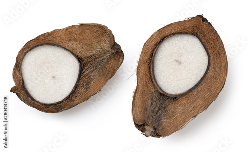two coconut candles isolated on a white background, tropical exotic interior decoration, top  view / flat lay