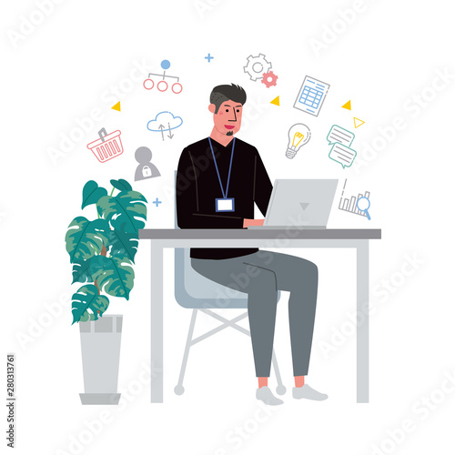 机に向かってパソコンをする男性　イラスト　アイコン