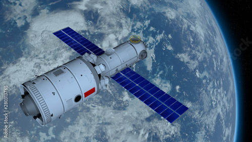 Fototapeta Naklejka Na Ścianę i Meble -  TIANHE core module of the TIANGONG 3 - Chinese space station orbiting the planet Earth behind on black space with stars background. 3D Illustration