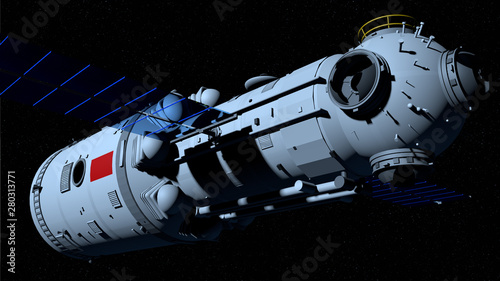Fototapeta Naklejka Na Ścianę i Meble -  TIANHE core module of the TIANGONG 3 - Chinese space station flying on black space with stars background. 3D Illustration