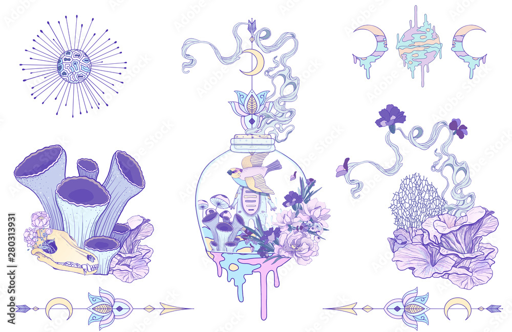 Modern set Purple alien Flora. Hand drawn illustration, cartoon, character  clip art with abstract floral. Summer card. Summer concept background .  Cute cartoon set with frogs, flowers and cloud. ilustración de Stock