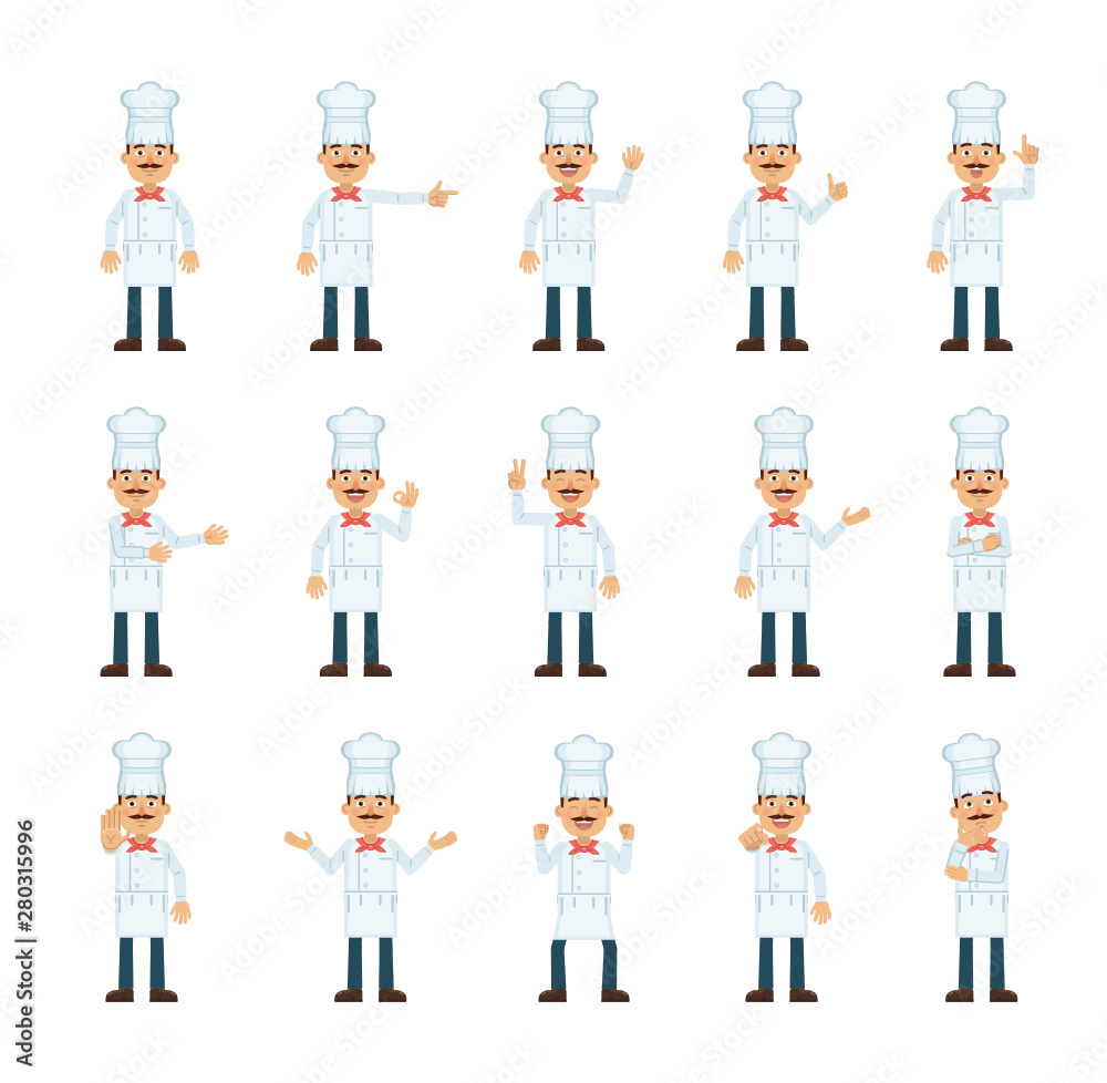 Big set of cook characters showing different hand gestures. Cheerful cook showing thumb up gesture, pointing, waving, greeting, victory sign and other hand gestures. Flat vector illustration