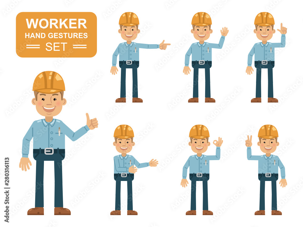 Set of construction worker characters showing different hand gestures. Cheerful worker showing thumb up gesture, this way, greeting, waving, pointing up, victory sign. Flat style vector illustration