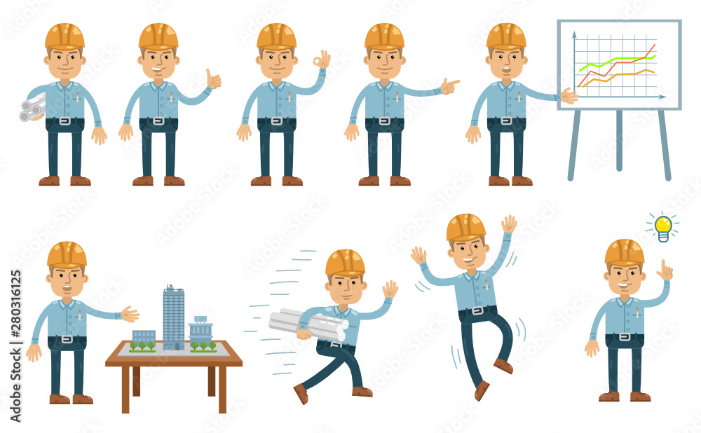 Set of construction worker characters posing in different situations. Cheerful worker showing thumb up gesture, pointing, jumping, running. Flat style vector illustration Set of construction worker characters posing in different situations. Cheerful worker showing thumb up gesture, pointing, jumping, running. Flat style vector illustration