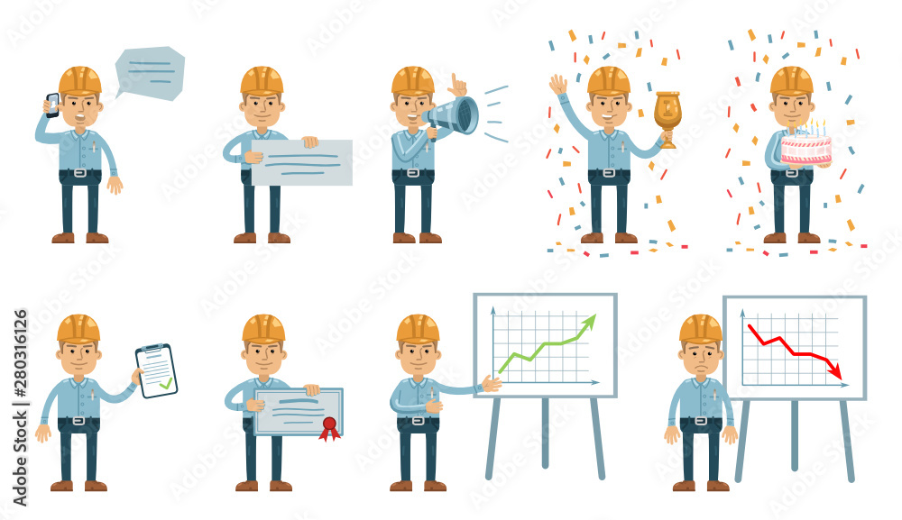 Construction worker character set. Set of man with hard hat showing various actions. Businessman holds loudspeaker, banner, cake, talks to phone. Flat design vector illustration