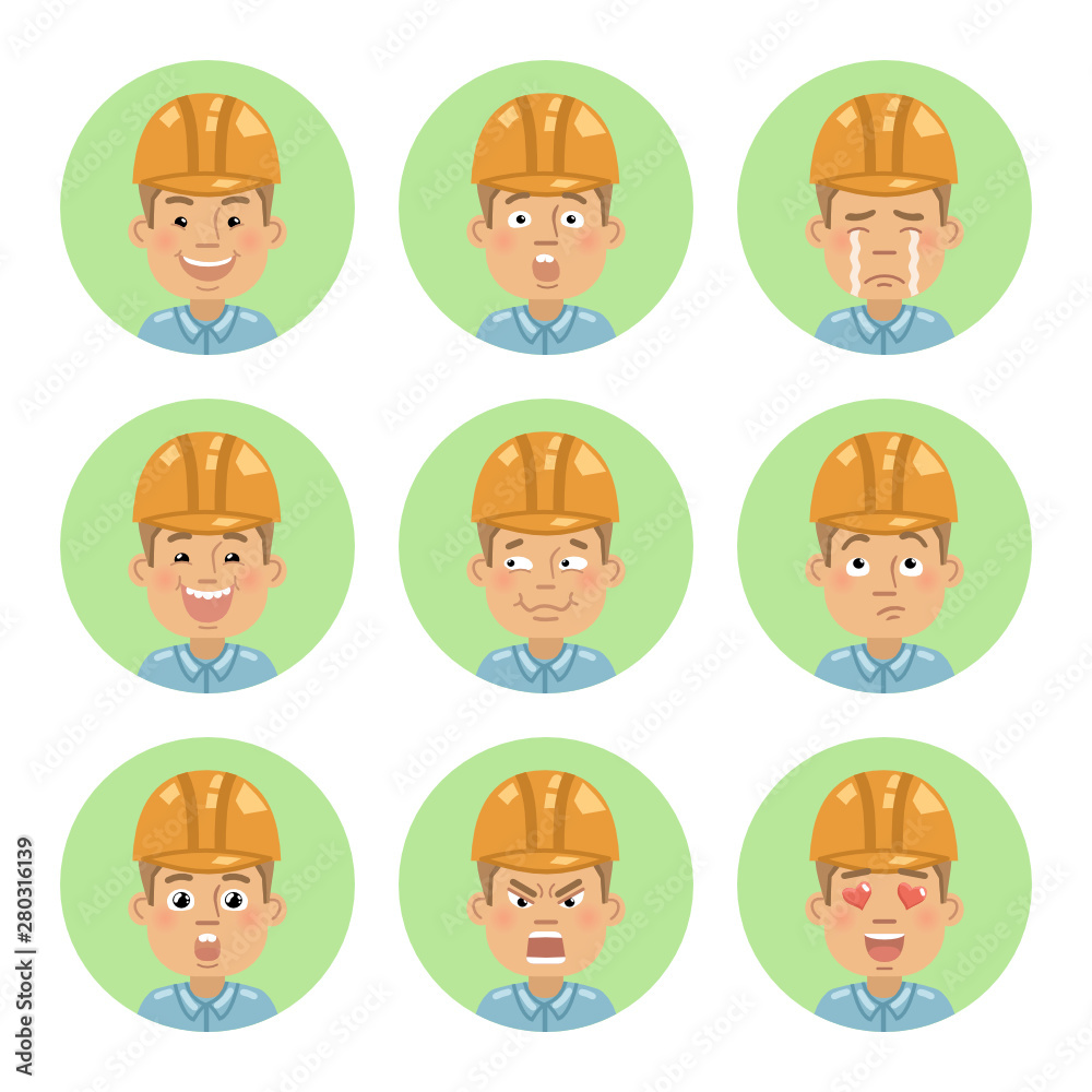 Set of worker emoticons. Construction worker avatars showing different emotions. Happy, smile, sad, cry, angry, love, surprised, upset, laugh and other facial expressions. Flat vector illustration Set of worker emoticons. Construction worker avatars showing different emotions. Happy, smile, sad, cry, angry, love, surprised, upset, laugh and other facial expressions. Flat vector illustration