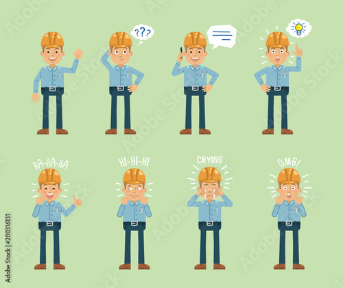 Set of worker characters posing in different situations. Cheerful construction worker talking on phone, thinking, pointing up, laughing, crying, surprised. Vector illustration
