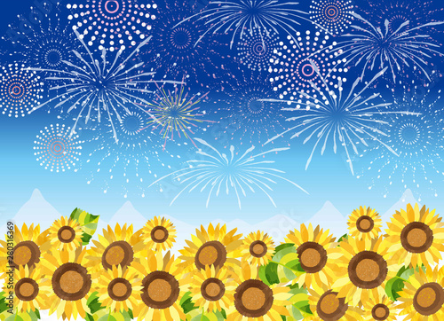 向日葵畑と打ち上げ花火