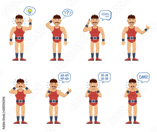 Set of circus strongman characters posing in different situations. Cheerful wrestler talking on phone, thinking, pointing up, crying, surprised, laughing. Flat style vector illustration