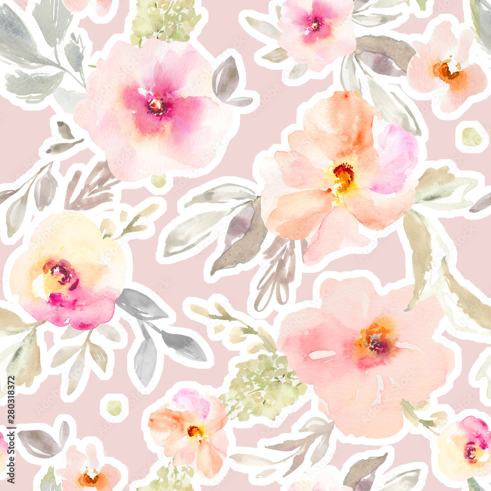Fototapeta Seamless, Repeating Watercolor Flower Background Pattern. Repeating Fashion Design Pattern.