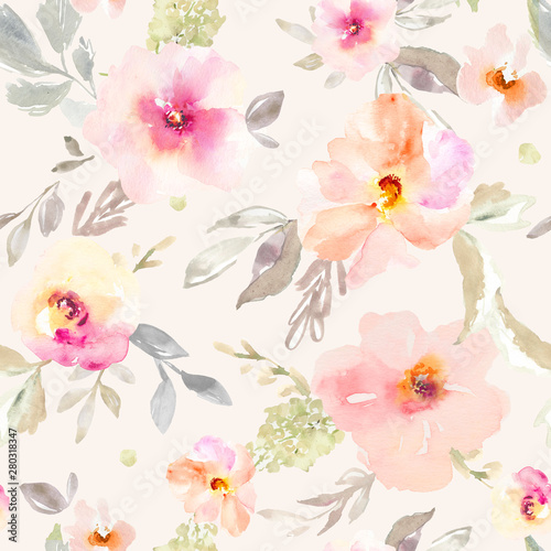 Seamless, Repeating Watercolor Flower Background Pattern. Repeating Fashion Design Pattern.