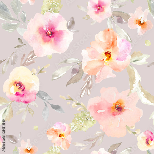 Seamless, Repeating Watercolor Flower Background Pattern. Repeating Fashion Design Pattern.