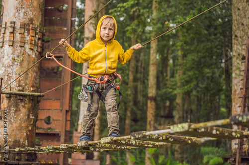 Little boy in a rope park. Active physical recreation of the child in the fresh air in the park. Training for children