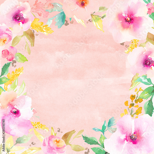 Cute Painted Flower Background with Floral Border