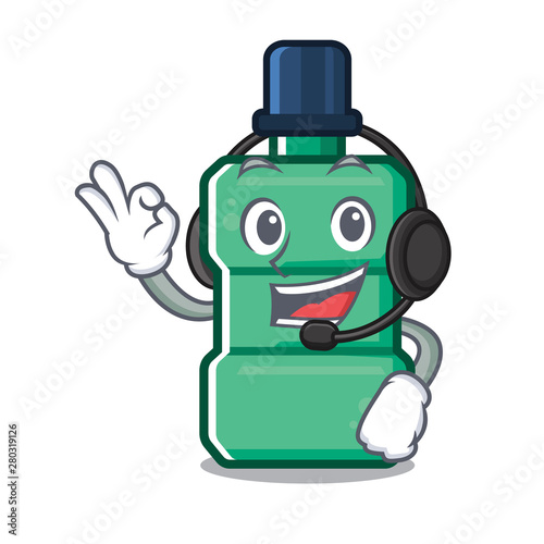 With headphone mouthwash above the a sink mascot