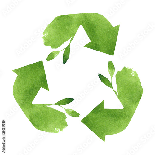 Watercolor recycling sign isolated on white background. Hand drawn reuse symbol for ecological design. Zero waste lifestyle. 