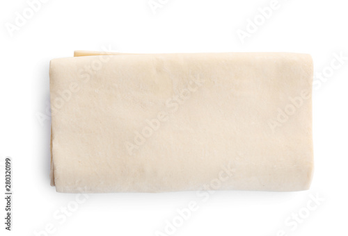 Fresh dough on white background, top view. Puff pastry