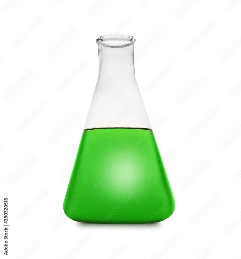 Conical flask with color liquid isolated on white. Chemistry glassware Conical flask with color liquid isolated on white. Chemistry glassware