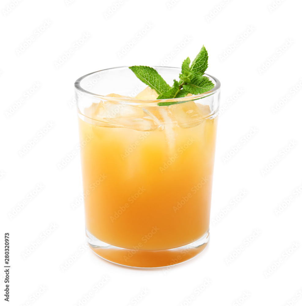 Delicious refreshing peach cocktail in glass on white background Delicious refreshing peach cocktail in glass on white background