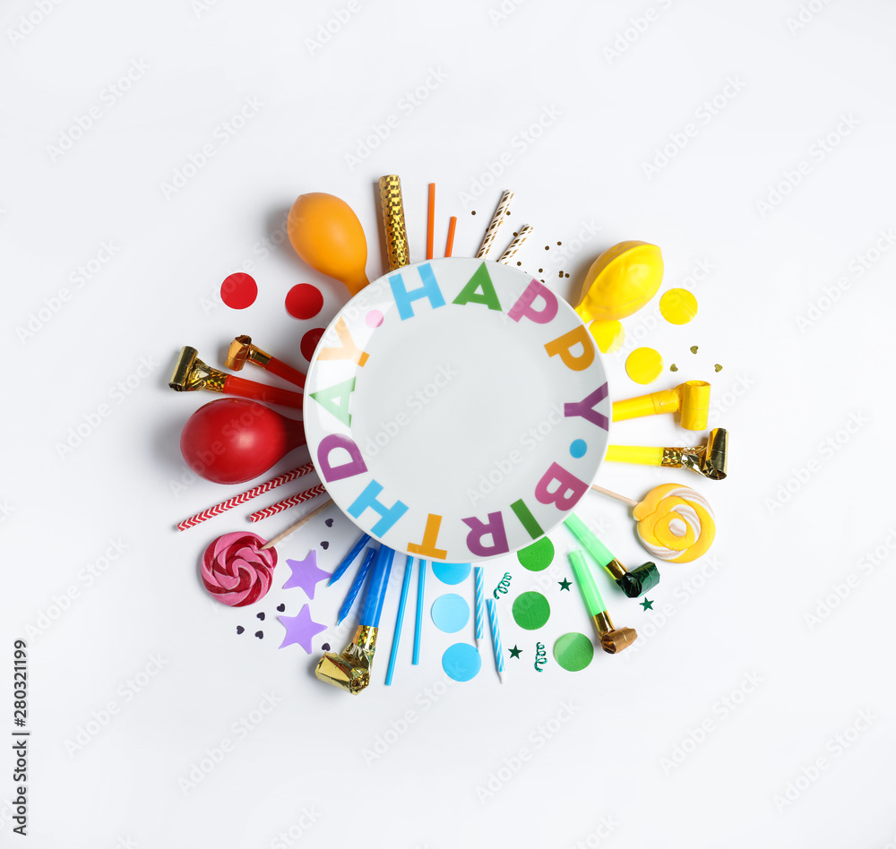 Composition with birthday party items on white background, top view. Space for text