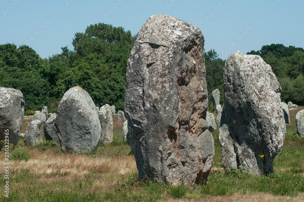 view of famous megalith alignment in Carnac Brittany  France