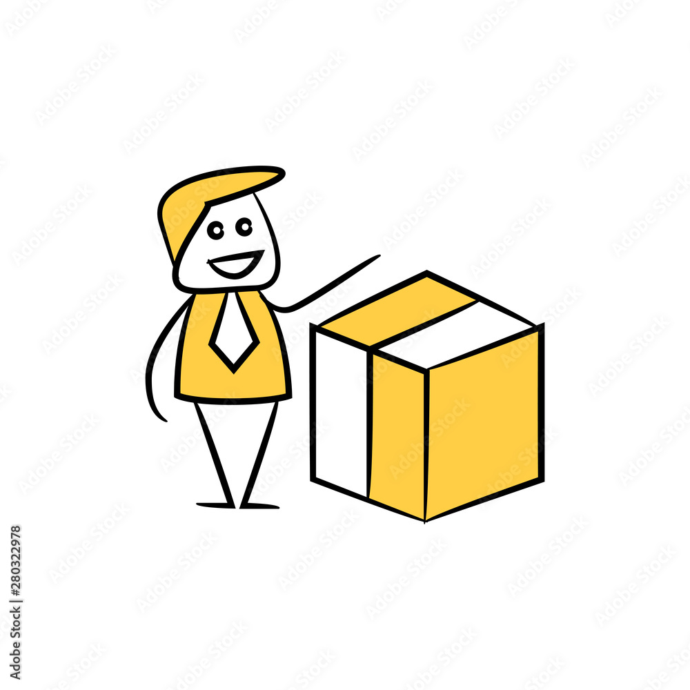 businessman and box concept in stick figure yellow theme