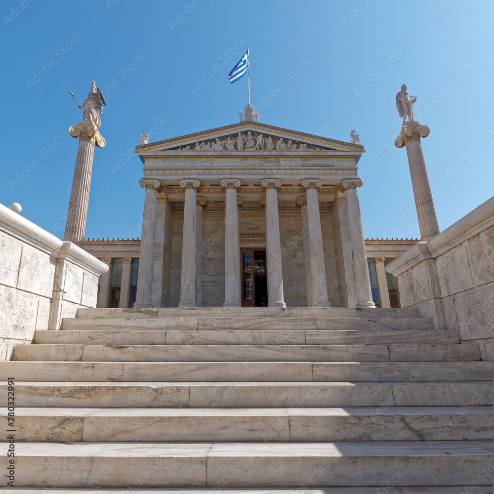 Greece, stairs to the academy of Athens main building with Athena and Apollo statues
