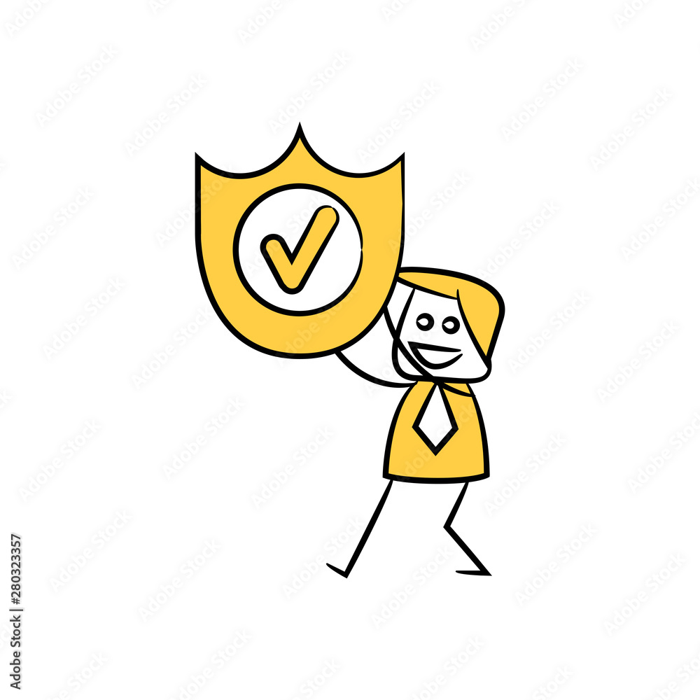 businessman holding shield check mark yellow stick figure theme