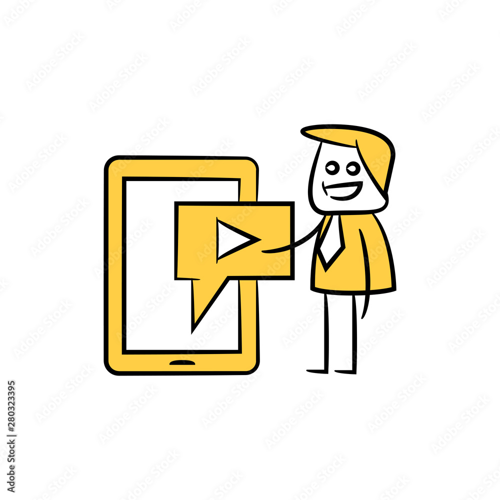 businessman and mobile video yellow stick figure theme