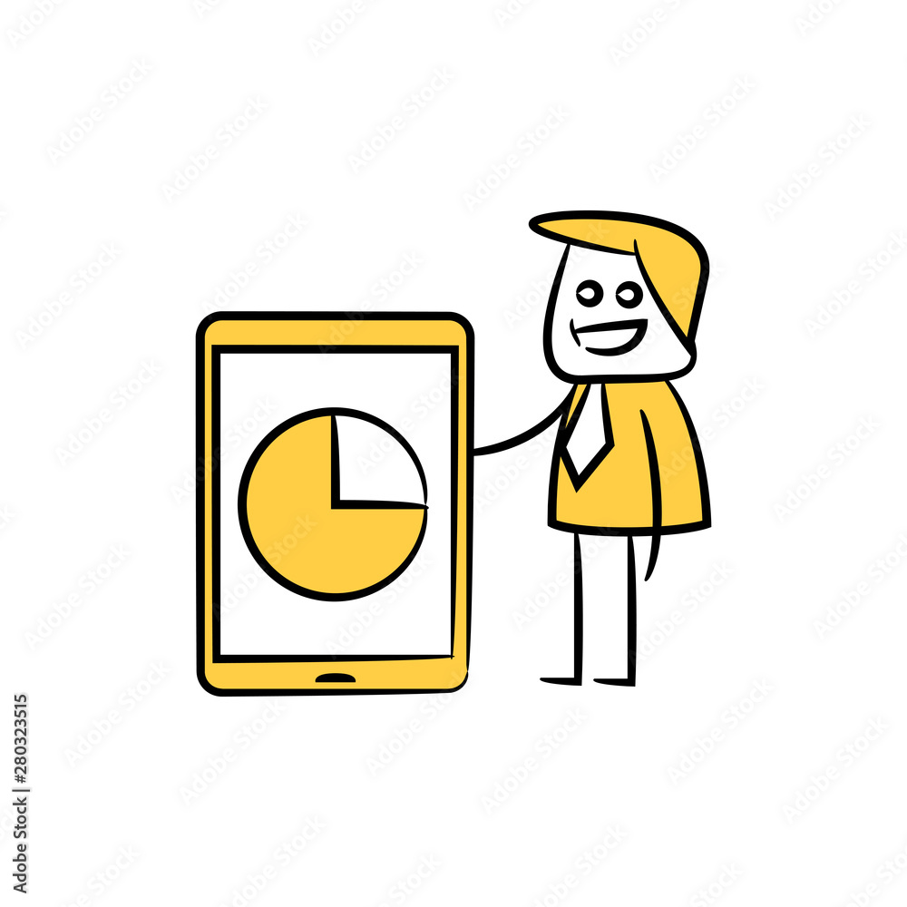 businessman with mobile and pie chart for mobile data analytics concept in stick figure yellow theme