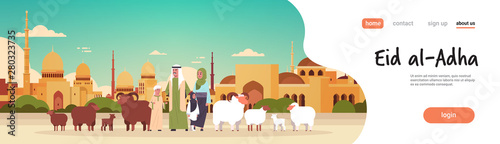 happy Eid al-Adha mubarak muslim holiday concept arab family standing with white black sheep flock Sacrifice festival nabawi mosque building cityscape flat full length horizontal copy space