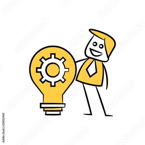 businessman and light bulb cog icon in yellow stick figure theme