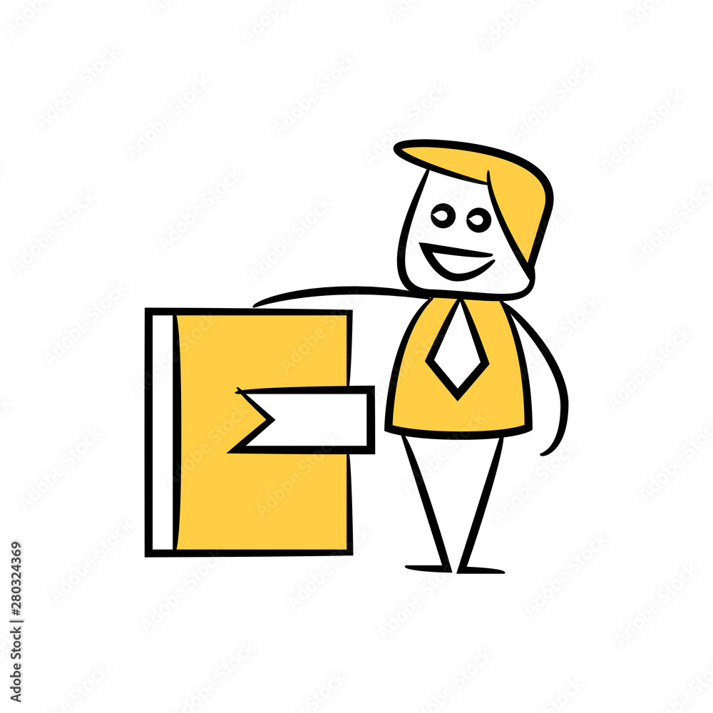 businessman and notebook icon in yellow stick figure theme