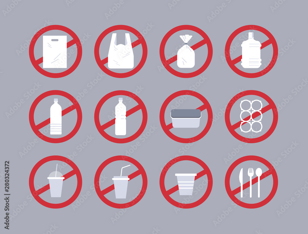 set different disposable objects made of plastic collection pollution recycling ecology problem save the earth concept prohibition sign flat horizontal set different disposable objects made of plastic collection pollution recycling ecology problem save the earth concept prohibition sign flat horizontal