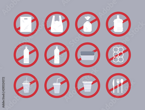 set different disposable objects made of plastic collection pollution recycling ecology problem save the earth concept prohibition sign flat horizontal