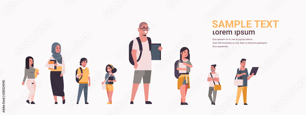 young teenage students group holding books mix race girls and guys with backpacks standing together education concept flat female male cartoon characters horizontal full length copy space