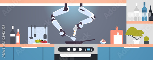 smart handy chef robot preparing fried eggs in frying pan robotic assistant innovation technology artificial intelligence concept modern kitchen interior flat horizontal banner
