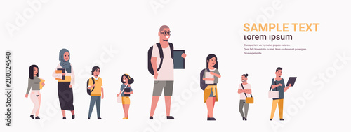 young teenage students group holding books mix race girls and guys with backpacks standing together education concept flat female male cartoon characters horizontal full length copy space