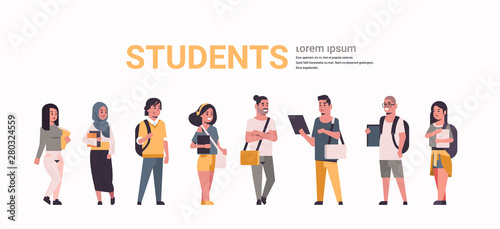 young teenage students group holding books mix race girls and guys with backpacks standing together education concept flat female male cartoon characters horizontal full length copy space