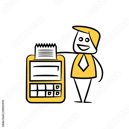 businessman and cashier machine icon yellow stick figure theme