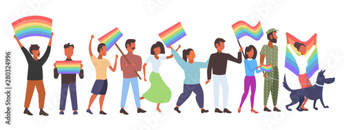 people group holding rainbow flag lgbt pride festival concept mix race gays lesbians celebrating love parade standing together full length flat horizontal