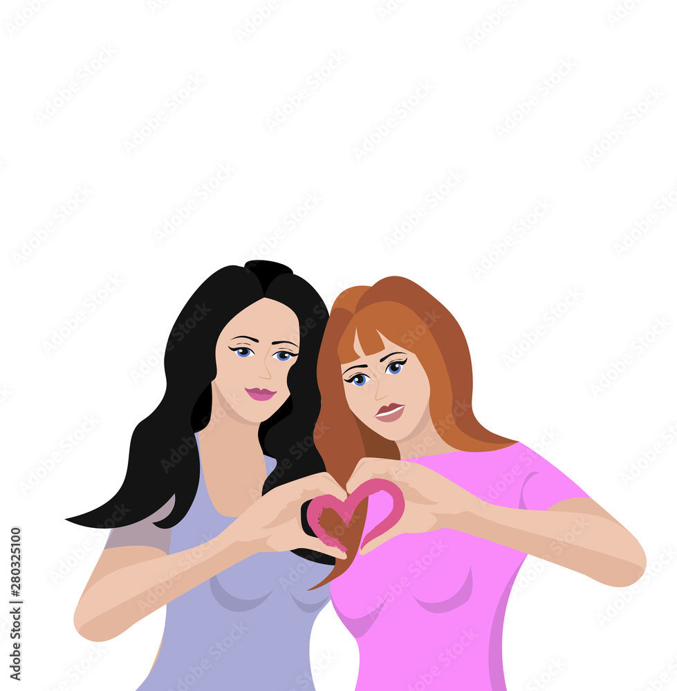 two lesbians who have folded fingers in the shape of a heart two lesbians who have folded fingers in the shape of a heart