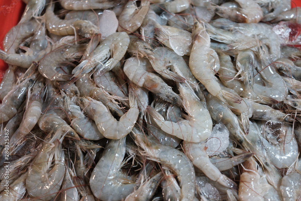 Fresh shrimp on ice as a background for sale in the fish market at Thailand. Fresh shrimp on ice as a background for sale in the fish market at Thailand.