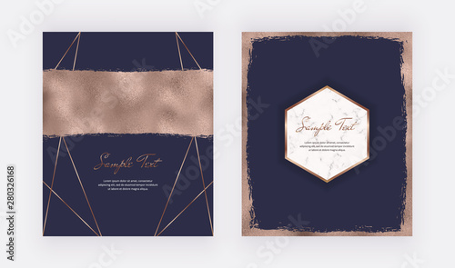 Copper brush stroke foil texture design cards with polygonal lines and marble frames on the dark blue background. Trendy templates for wedding invitation, banner,flyer, poster, greeting.