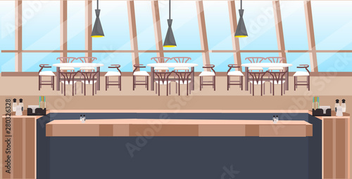 modern cafe empty no people restaurant counter desk tables and chairs coffee shop interior flat horizontal