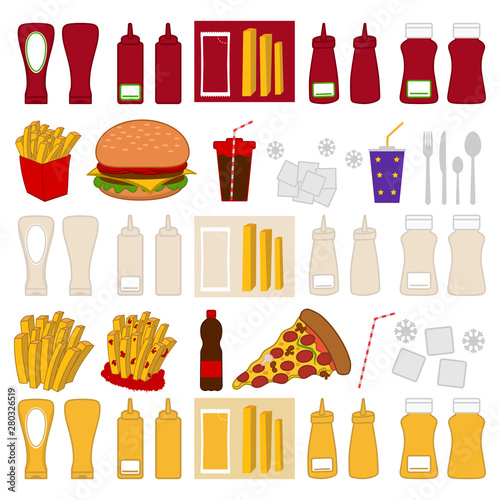 Set of images and icons for fast food with sauce and drinks