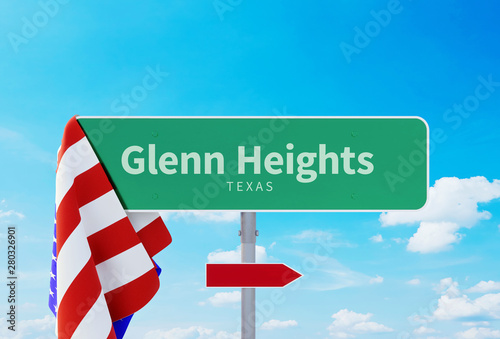 Glenn Heights – Texas. Road or Town Sign. Flag of the united states. Blue Sky. Red arrow shows the direction in the city. 3d rendering photo